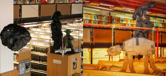 Imagen de la Biblioteca con disfraces y material de ciencia ficción