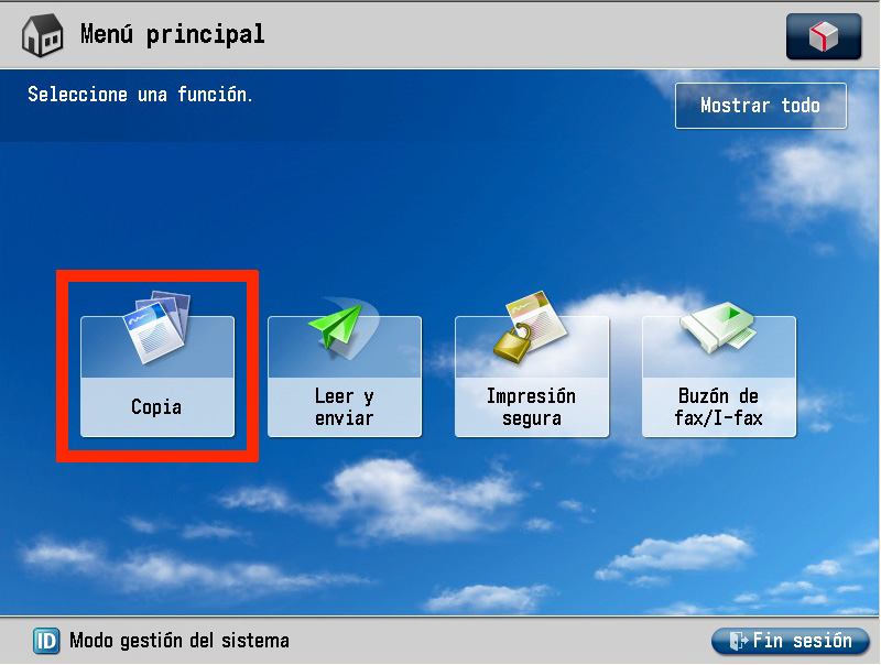 Vista de una pantalla de un dispositivo con un menú principal con 4 iconos relativos a 4 funciones. Un rectángulo rojo sobrepuesto rodea el primero de estos iconos, compuesto por varias hojas, para ubicar la función de copia.