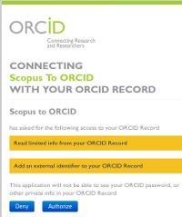 Vista de la ventana en la que se solicita autorización para conectar Orcid a Scopus