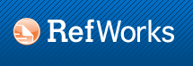 Logotipo de RefWorks, con letras en blanco sobre fondo azul, y un icono de página de documento con esquina doblada a modo de marcador