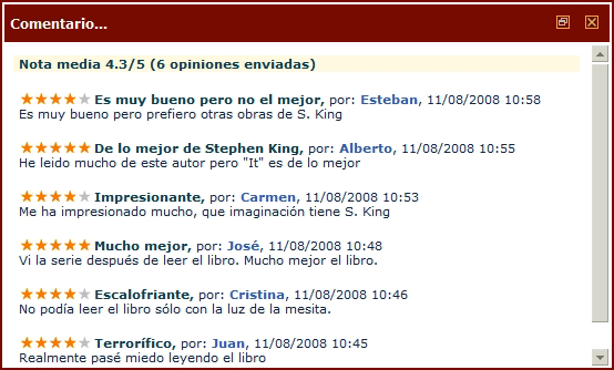 Ventana de visualización de Comentarios del Catálogo