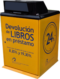 Buzón de devolución de libros en préstamo. Horario de 8.30 a 19.30 horas