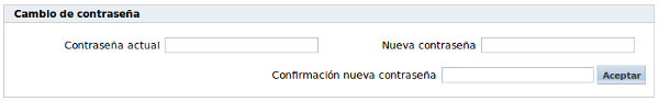  Imagen del catálogo de la Biblioteca. Sección Cambio de Contraseña (JPG) con tres cajetines: Contraseña actual, Nueva contraseña y Confirmación nueva contraseña. Al final, un botón de Aceptar.