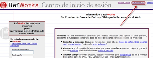 Pantalla de inicio a RefWorks señalando el enlace a RefWorks2.0