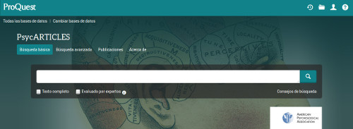 Cabecera del portal de ProQuest de la base de datos PsycARTICLES, con el cajetín de búsqueda básica seleccionado.
