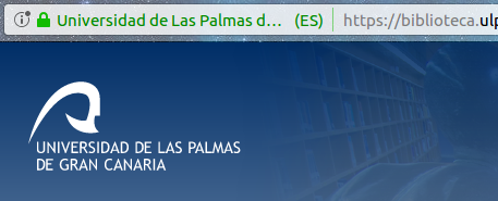 Vista de la parte superior del portal web de la Biblioteca Universitaria y parte de la barra de direcciones del navegador en el que se muestra el icono de acceso seguro, un candado verde cerrado.