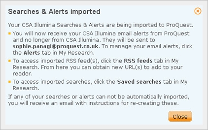 Pantalla de migración de alertas a ProQuest
