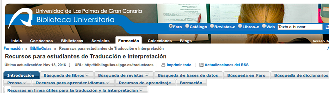 Vista de la cabecera y el menú superior de la biblioguía de Traducción e Interpretación