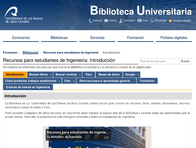 Vista de la página de inicio de la biblioguía de Recursos para estudiantes de Ingeniería