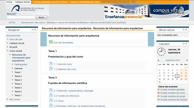 Vista de la pantalla de uno de los cursos de formación virtual de la Biblioteca en el Campus Virtual de la ULPGC.