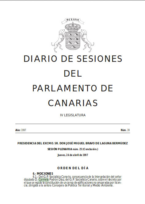 Portada de un Diario de Sesiones del Parlamento de Canarias que recoge una intervención de Carmelo Padrón.
