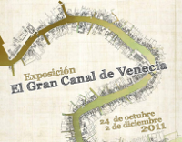 Vista de parte del cartel con el título de la exposición y las fechas de apertura sobre el croquis del Canal con las parcelas urbanas de su orilla