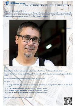Cartel charla Elio Quiroga con foto del autor