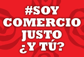 Lema #SOY COMERCIO JUSTO ¿Y TÚ? en letras grandes sobre fondo rojo con el logo de una espiral de la Coordinadora Estatal de Comercio Justo