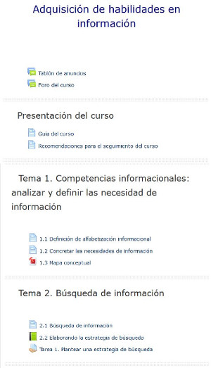Vista de la página principal del curso en el Campus Virtual de la ULPGC, con los primeros temas, contenido y tareas.
