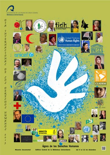 Vista de la silueta en blanco sobre azul de una mano que semeja una paloma de la paz (el pulgar es la cabeza y el resto de los delos las alas desplegadas) rodeada de fotografías de personajes y logos de instituciones relacionadas con los derechos humanos