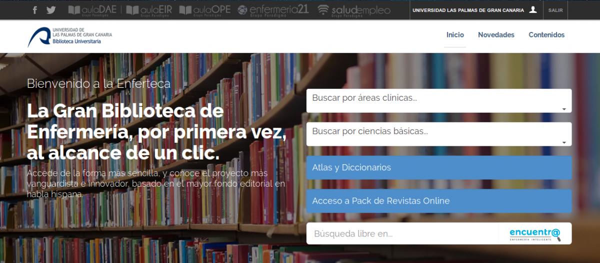 Vista de la página de inicio del portal Enferteca con el logo de la Biblioteca Universitaria y texto "La Gran Biblioteca de Enfermería, por primera vez, al alcance de un clic".