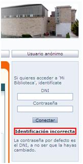 Vista del mensaje de error en la identificación de Mi Biblioteca