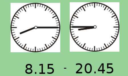 Dos relojes muestran los horarios de apertura y cierre de la Biblioteca Universitaria: 8.15 - 20.45 Dos relojes muestran los horarios de apertura y cierre de la Biblioteca Universitaria: 8.15 - 20.45