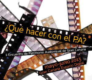Detalle central de la portada del folleto informativo, con el título, fecha y lugar del encuentro, sobre un fondo con tiras de película de cine.