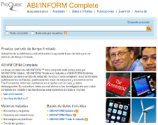 Vista de la pantalla de búsqueda básica y presentación de ABIi/Inform Complete, que incluye cajetín de búsqueda y fotografías de Bill Gates de Microsoft, el logo de The Economist, la pantalla de un teléfono inteligente, un molino de viento...