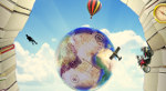 Sección central del cartel de la exposición, en la que, entre pilas de libros, se ve un cielo con un planeta Tierra rodeado por un globo aerostático, una avioneta y un caminante.