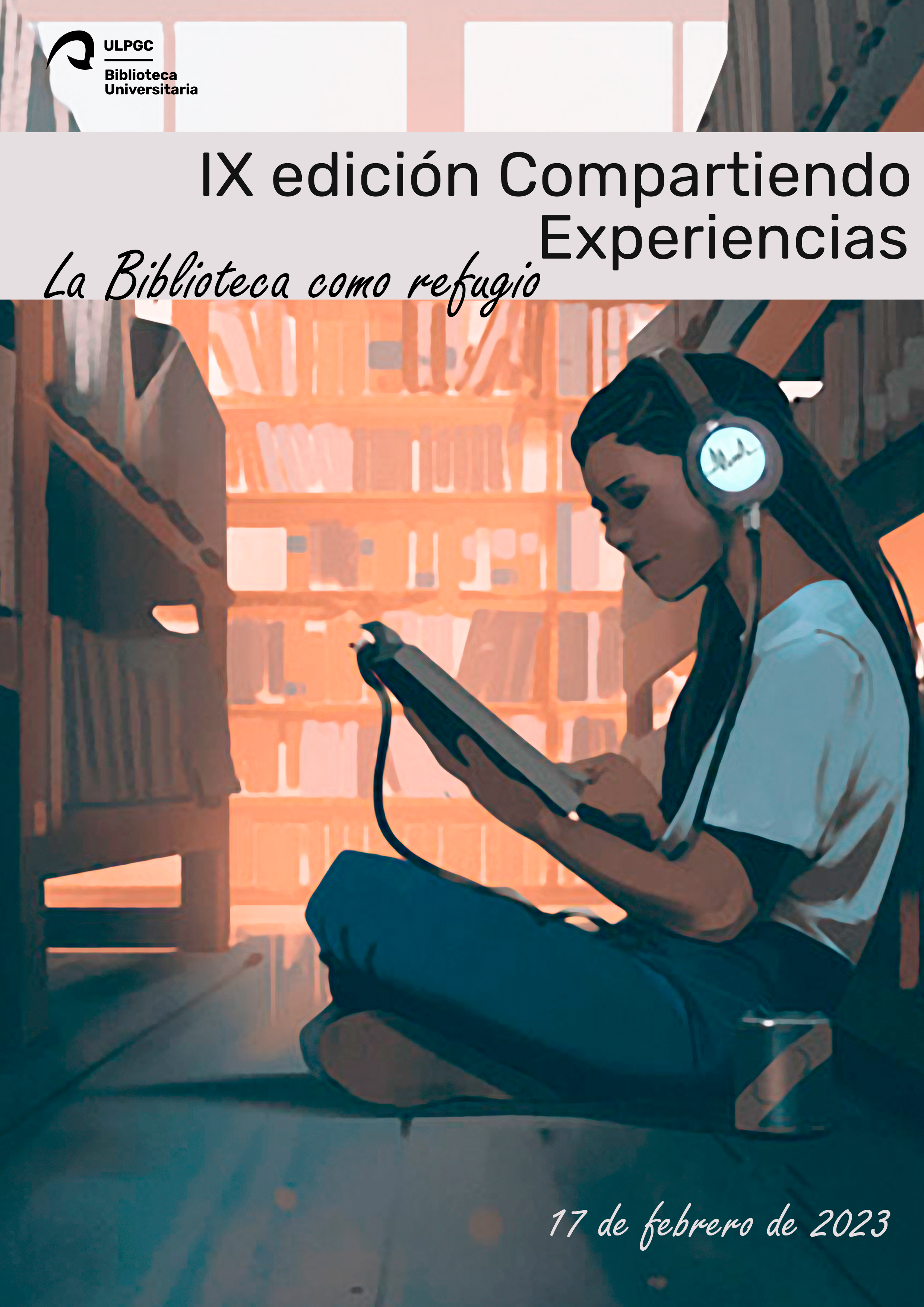 Mujer sentada en el suelo de una biblioteca con cascos y tableta