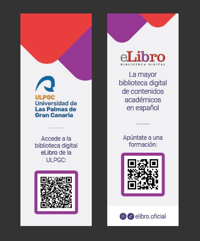Vista del anverso y reverso de un marcapáginas que incluye dos códigos QR para acceder a eLibro y a la formación sobre el portal