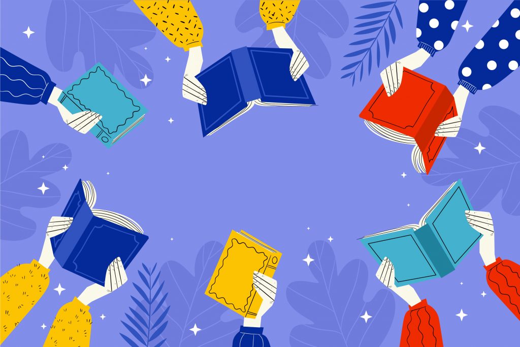 ilustraciones de manos sujetando libros abiertos
