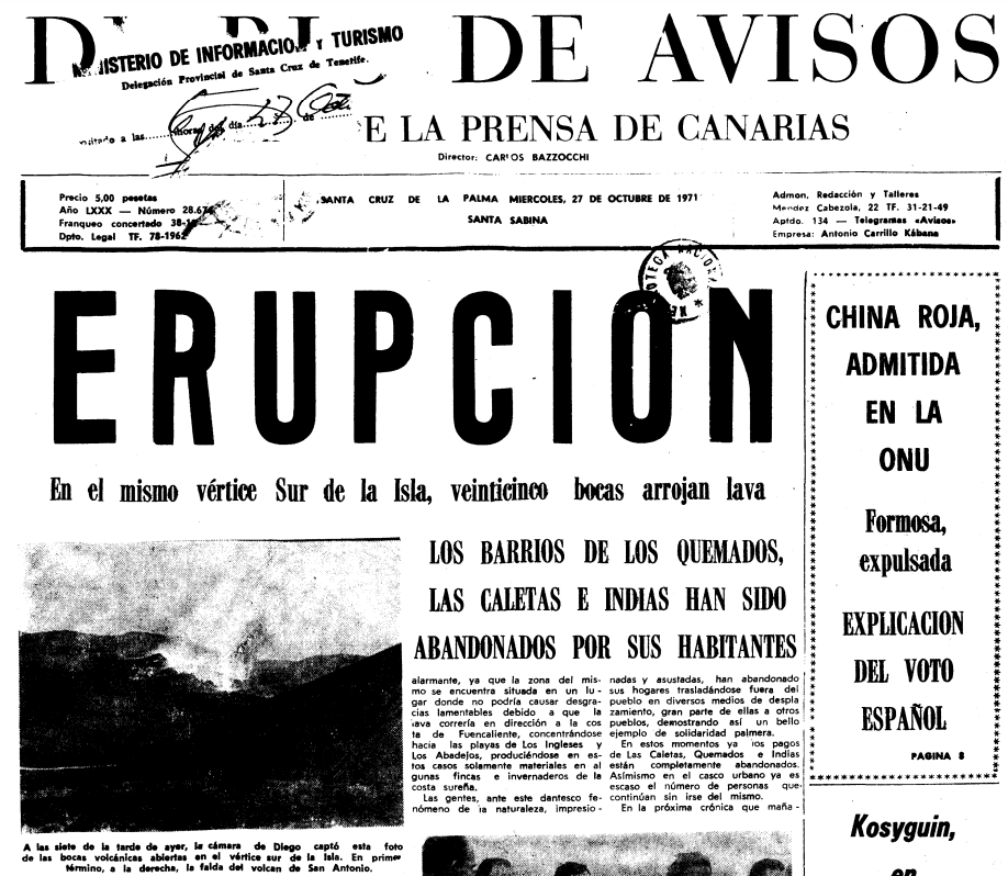 Portada del "Diario de Avisos" del 27/10/71 (Jable)