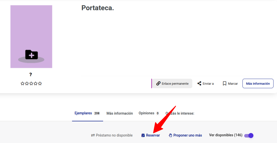 Ubicación del botón Reservar en el registro Portateca del catálogo de la Biblioteca Universitaria