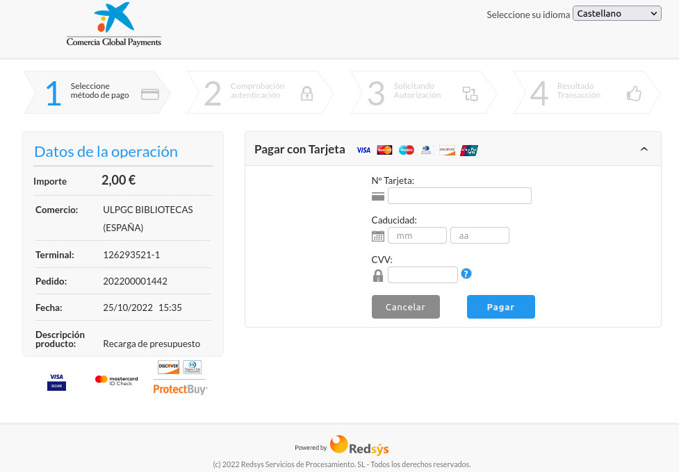 Vista del portal de pagos con los campos Nº de tarjeta, Caducidad (mes, año) y CVV