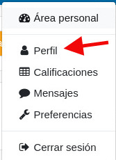 Vista del menú de navegación personal del campus virtual. Una flecha señala el tercer elemento: perfil