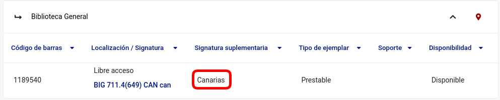 Vista parcial de registro bibliográfico de un documento del catálogo en el que se señala la palabra Canarias en la sección Signatura suplementaria
