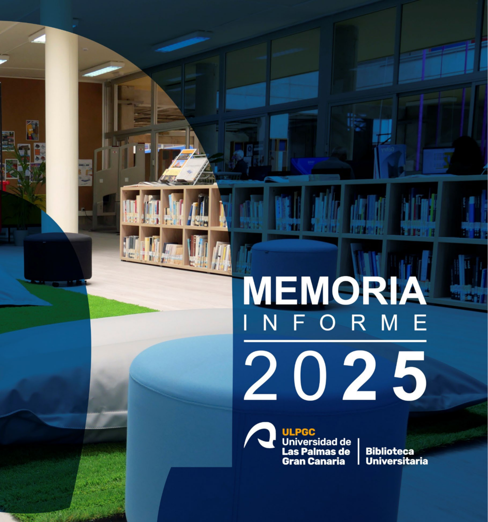 Sección de la portada del documento Memoria Informe 2025 ULPGC Biblioteca Universitaria con vista interior de una biblioteca con estantes, pufs y cojines.