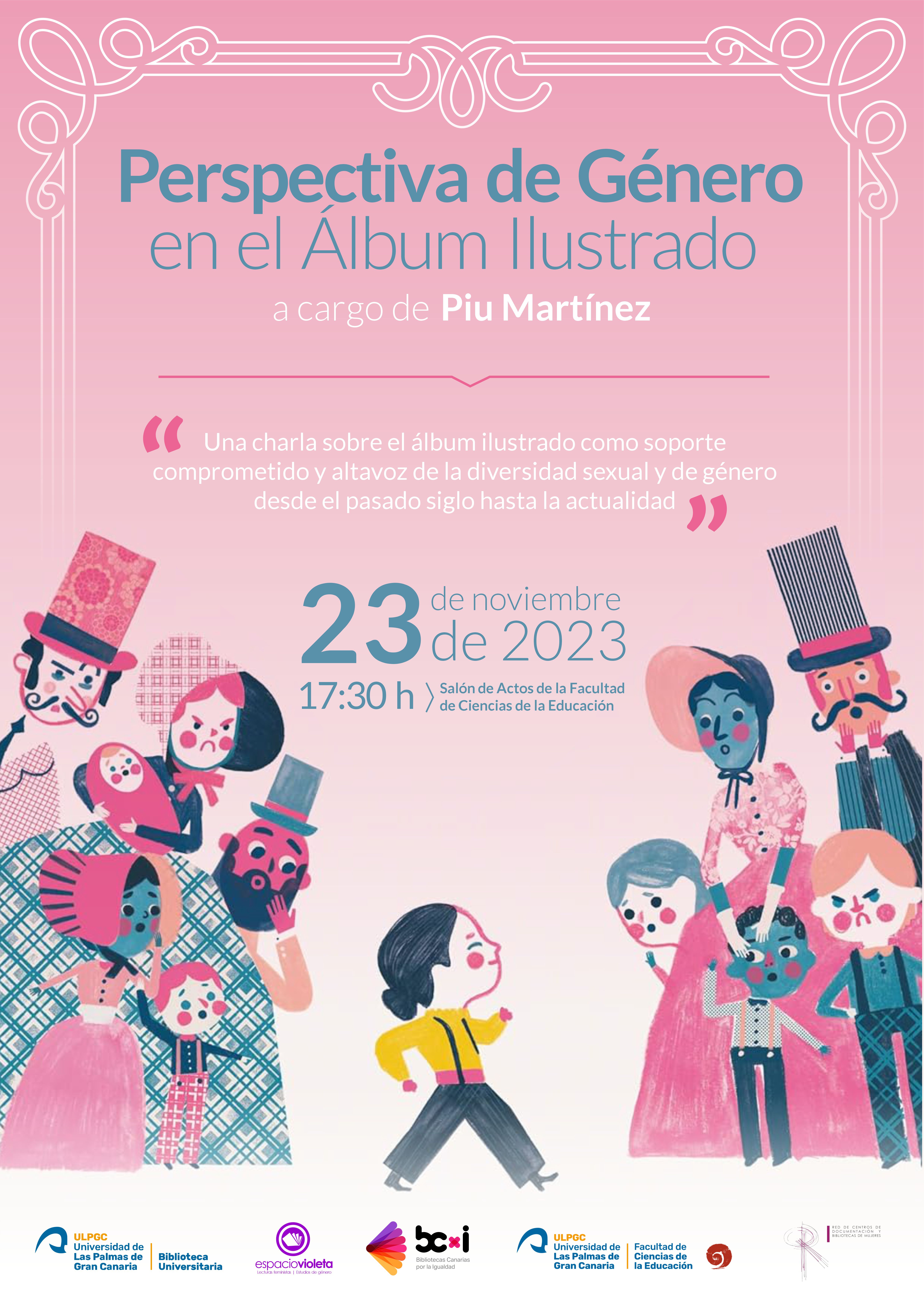 Cartel charla Perspectivas de género con personas dibujadas vestidas de época y actuales