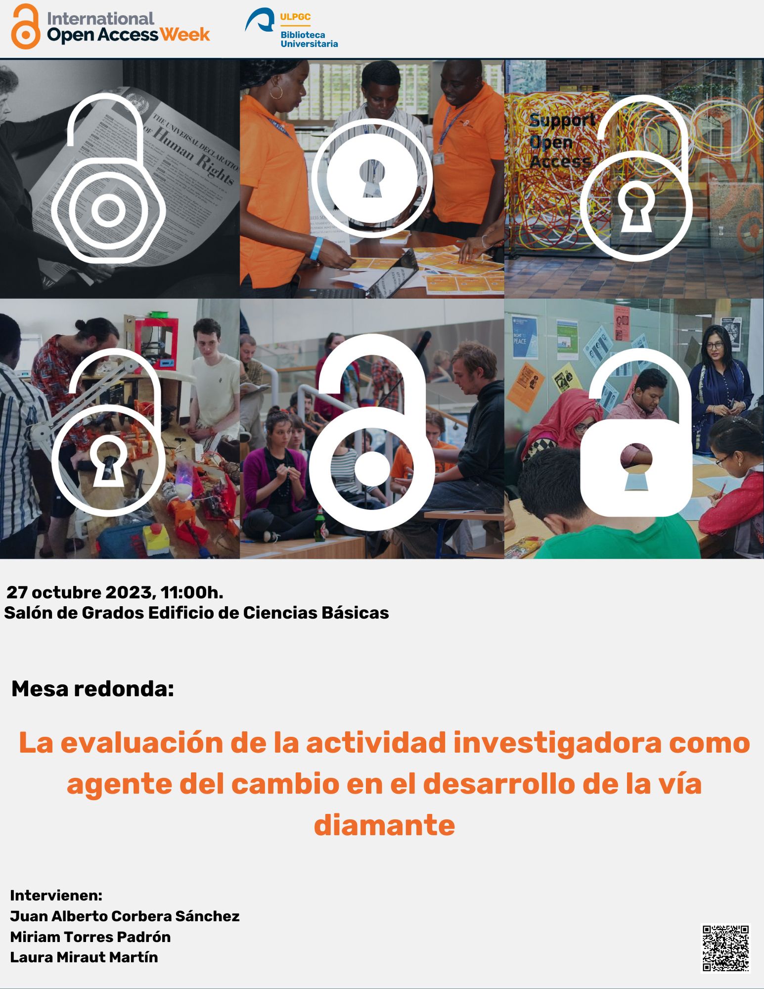 Cartel con 6 imágenes de grupos de personas sobre las que se superponen 6 iconos de candado abierto