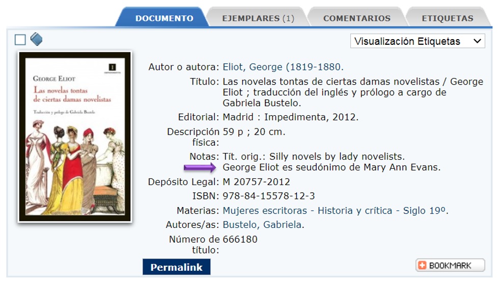Registro en el catálogo de una novela de George Eliot