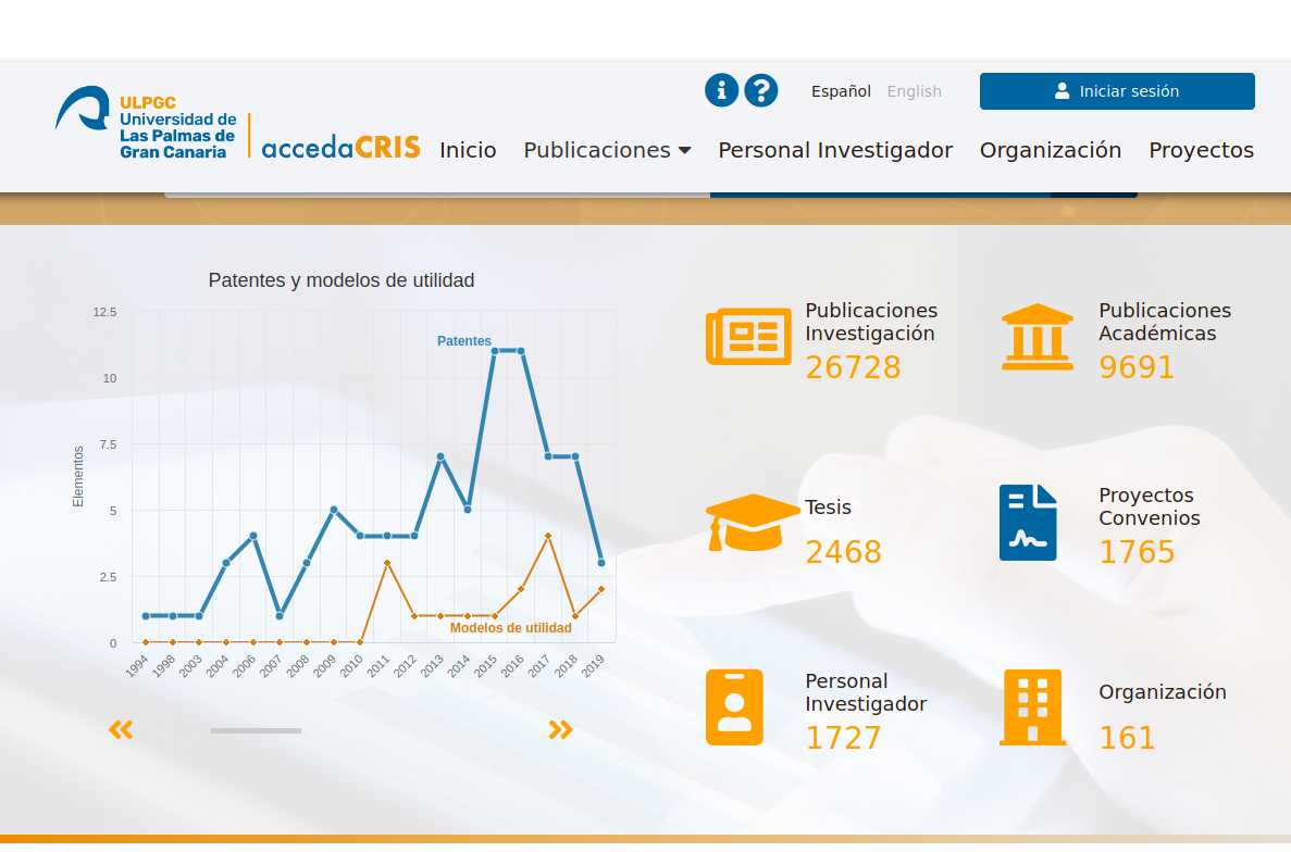 Vista de sección superior de la página de inicio del portal accedaCRIS
