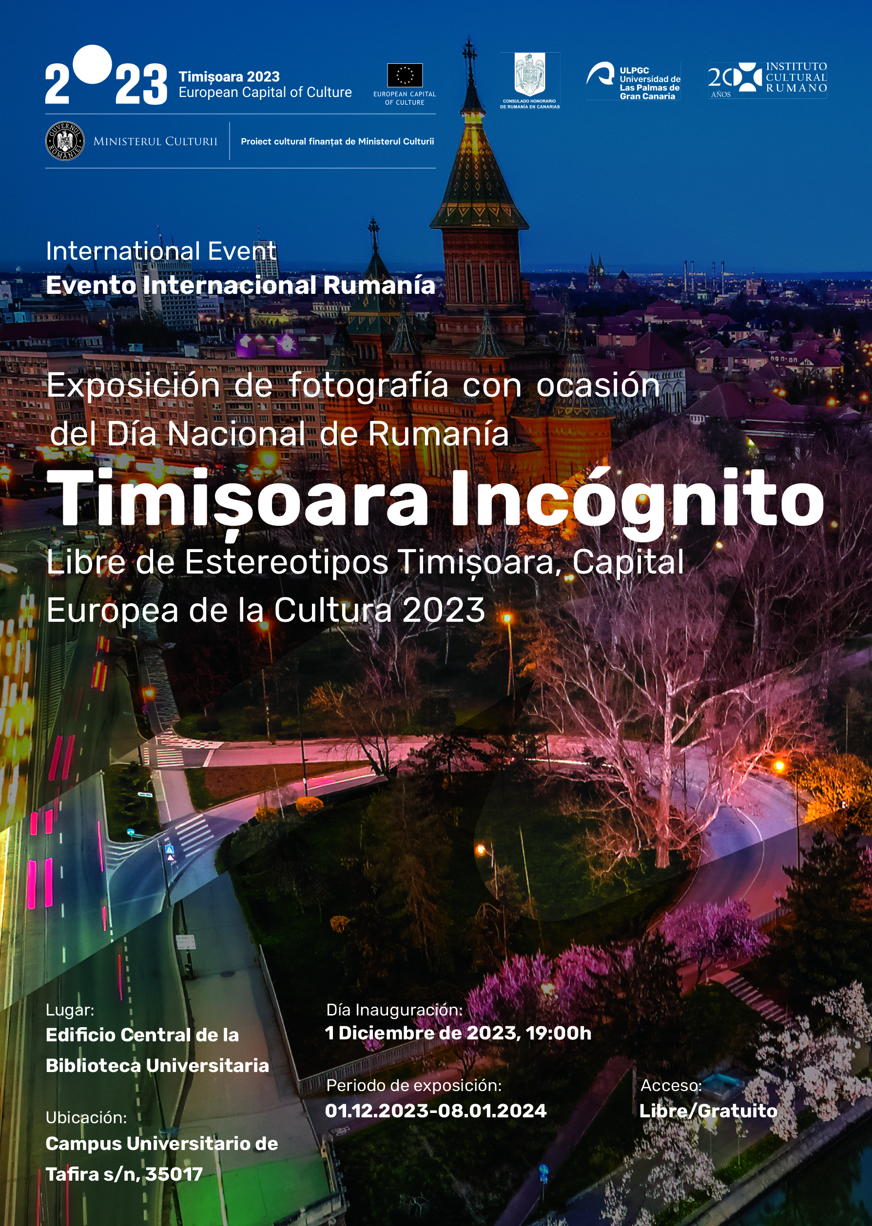 Cartel de la exposición de Timisoara con imagen de la ciudad de noche