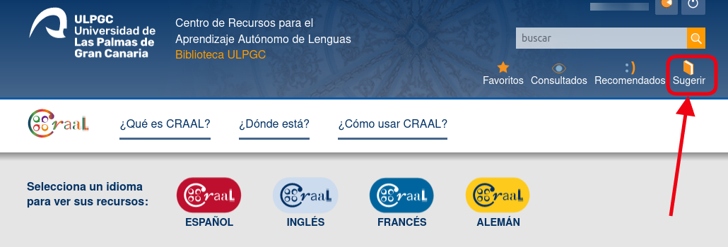Ubicación del botón sugerir en la parte superior derecha de la pantalla.