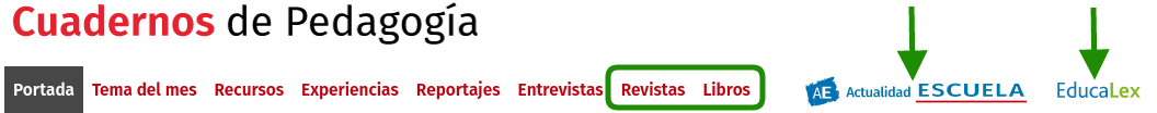 Vista del menú superior del portal Cuadernos de Pedagogía, con lo siguientes elementos: Portada, Tema del mes, Recursos, Experiencias, Reportajes, Entrevistas, Revistas, Libros, Actualidad Escuela y EducaLex