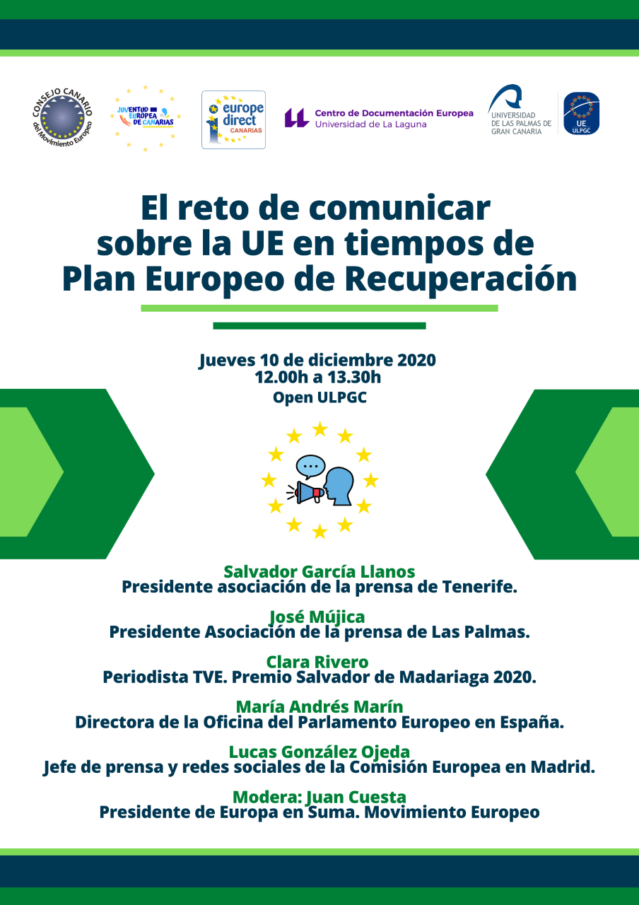 Póster del debate 'El reto de comunicar sobre la UE en tiempos de Plan Europeo de Recuperación'