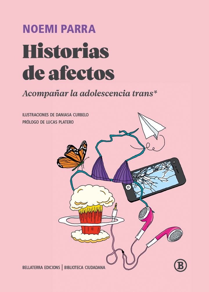 Cubierta rosa con objetos: mariposa, hongo de bomba nuclear, parte superior de bikini, avión de papel, auriculares y teléfono inteligente con la pantalla resquebrajada.