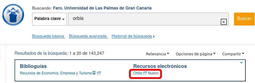El enlace Orbis aparece en los resultados de búsqueda del portal Faro, bajo el epígrafe Recursos electrónicos