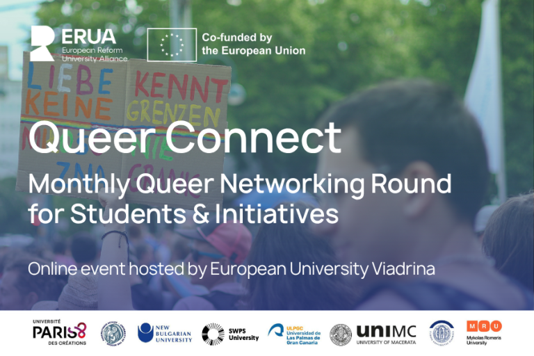 Personas en una manifestación con carteles y texto Queer Connect: Monthly Queer Networking Round for Students & Initiatives. Online event hosted by European University Viadrina