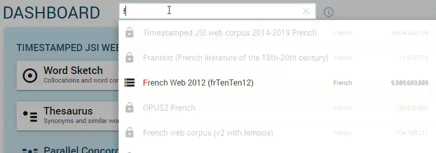 Vista de imagen animada del selector de corpus de lengua en el portal de Sketch Engine