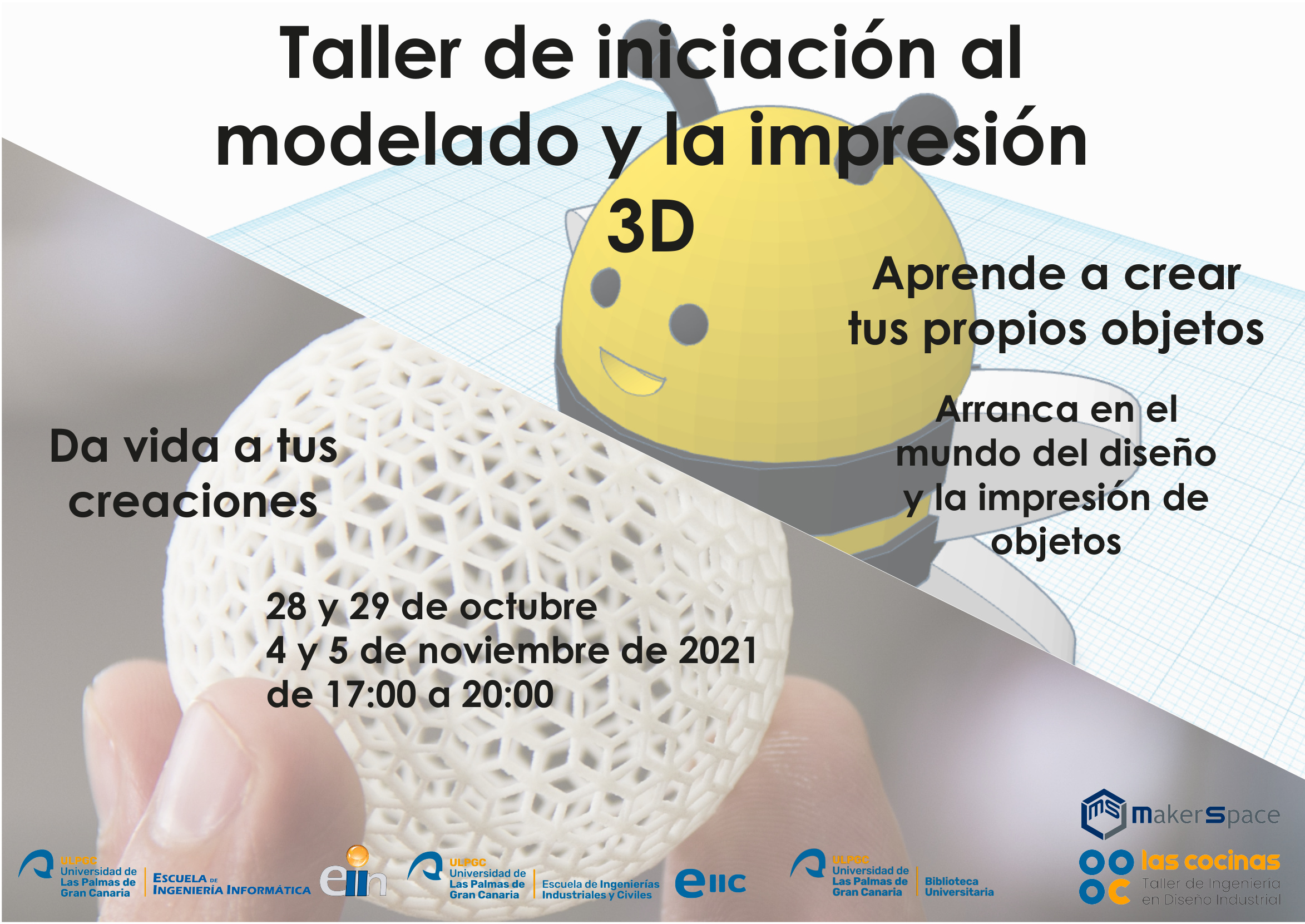 Una mano muestra una impresión 3D de un objeto esférico de superficie tramada. Se muestra un diseño bidimensional (dibujo digital) de un muñeco de cabeza esférica