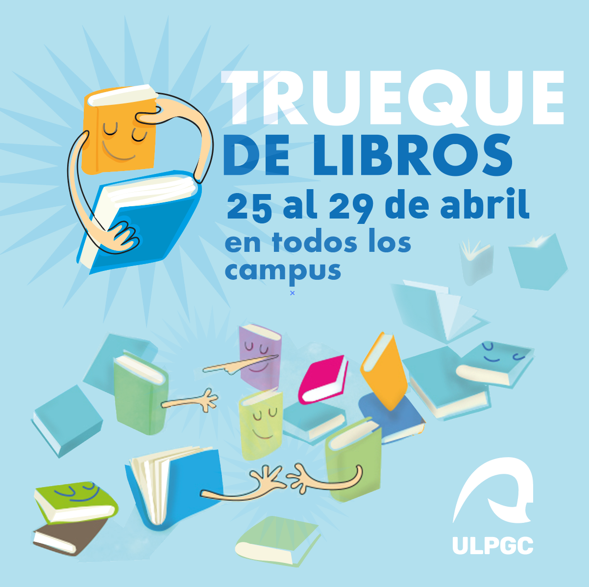 Ilustración con libros personificados que se encuentran y abrazan